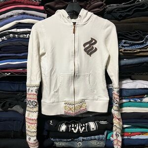 Rocawear Cream Zip-Up Hoodie with Patterned Sleeve Accents